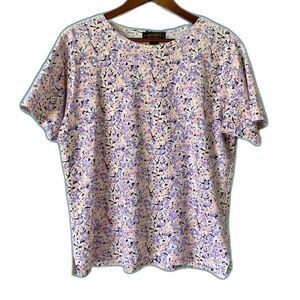 EDDIE BAUER Vintage 90s Women's Cotton Ditsy Pink Purple Yellow Floral Tee Small